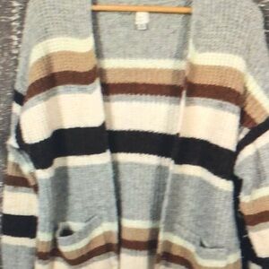 A New Day Open Front Sweater Striped Cardigan Women's Size XS Gray, Brown, White
